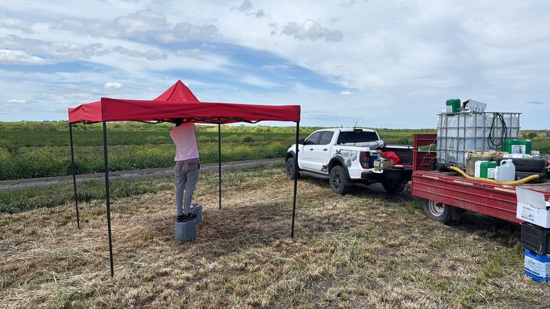 Gazebo, camioneta y carro con tanque de agua en la cabecera del lote